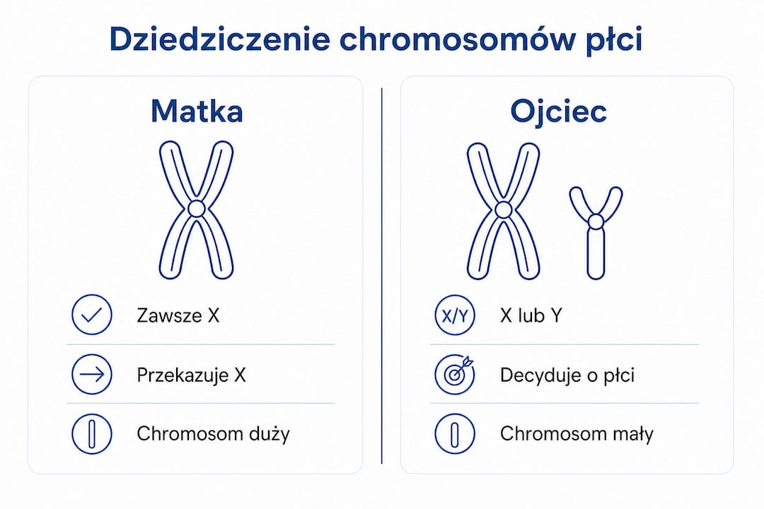 Grafika przedstawiająca, w jaki sposób matka i ojciec przekazują swoim dzieciom chromosomy płciowe.