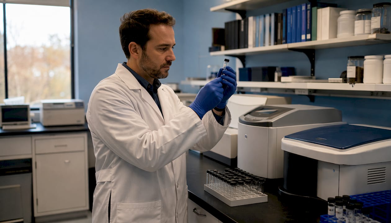 Laborant przygotowuje próbkę z izotopem węgla-14 do analizy w laboratorium.