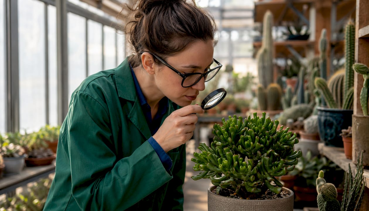 Botanik z uwagą przygląda się roślinie Crassula ovata 'Hobbit'