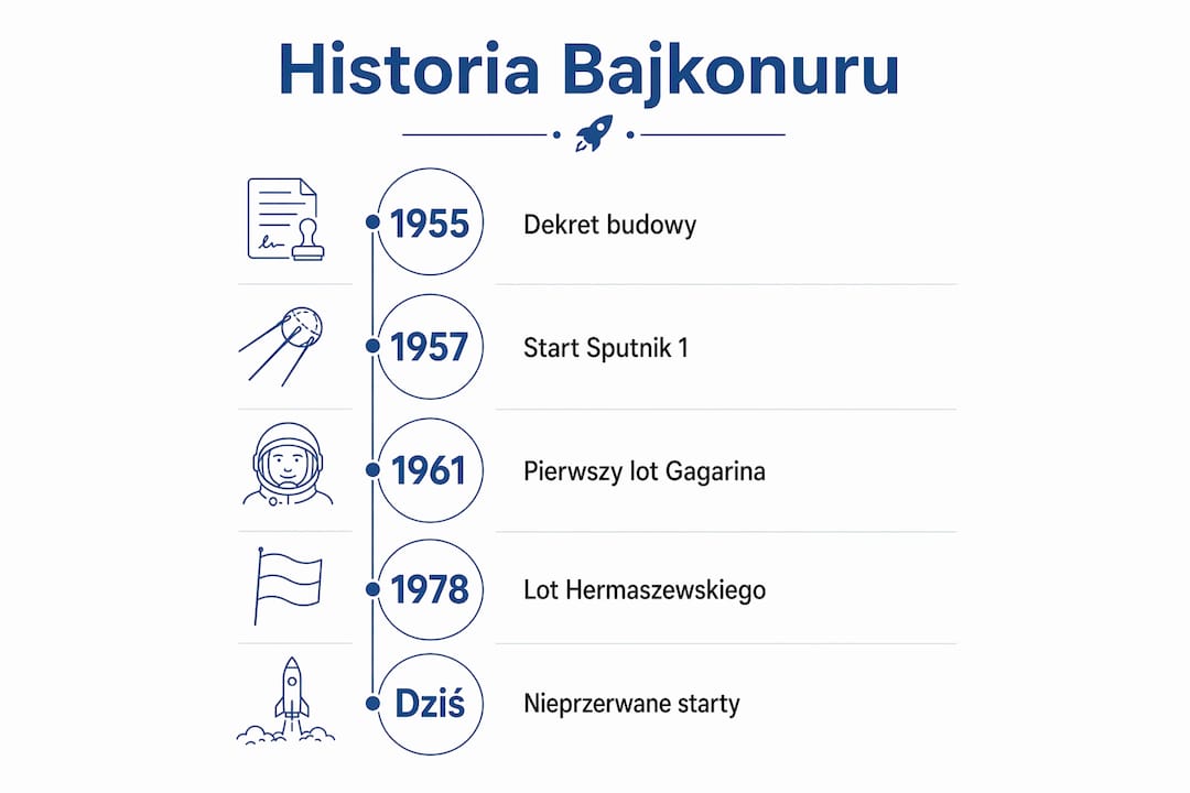 Grafika prezentująca najważniejsze momenty w dziejach kosmodromu Bajkonur