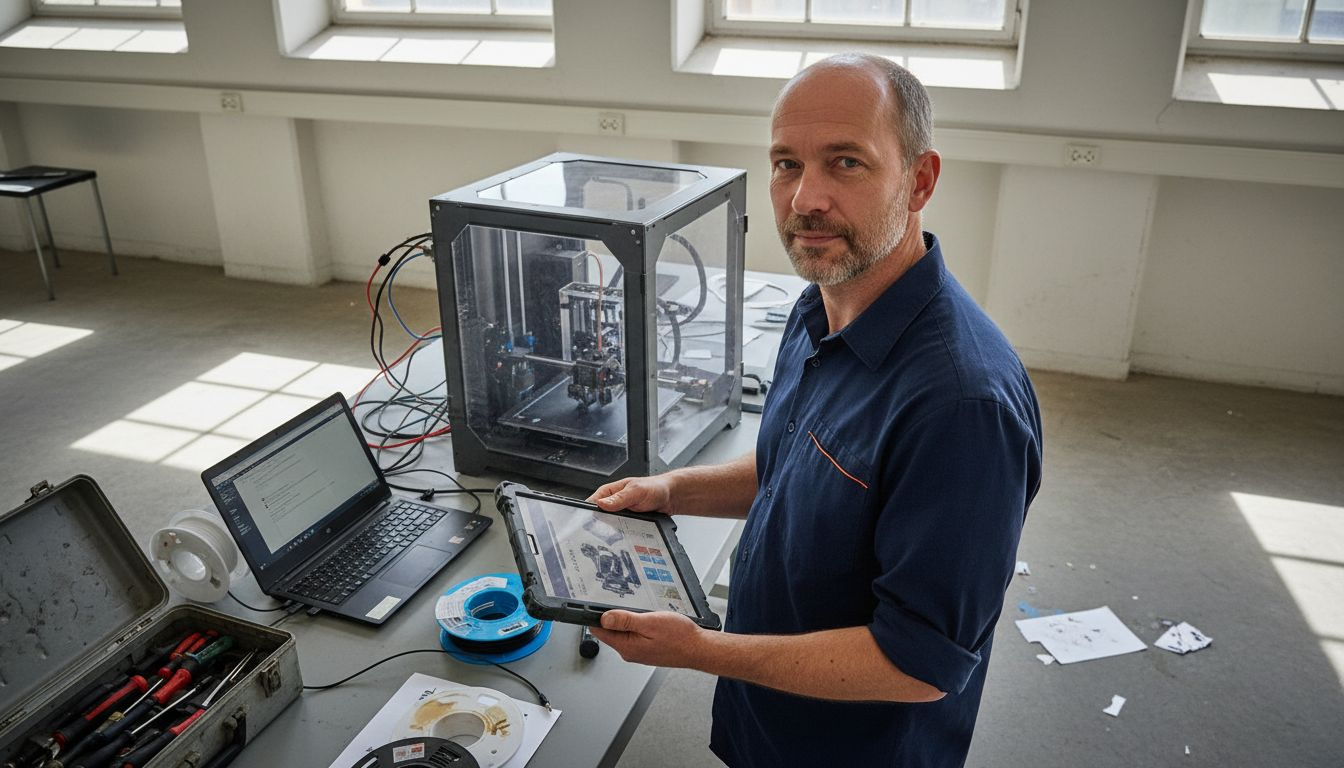 Ein Ingenieur bedient einen 3D-Drucker direkt an seinem Arbeitsplatz.
