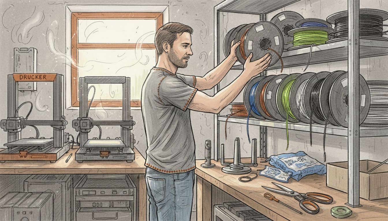 Man organizing 3D printer filament on hobby room shelf