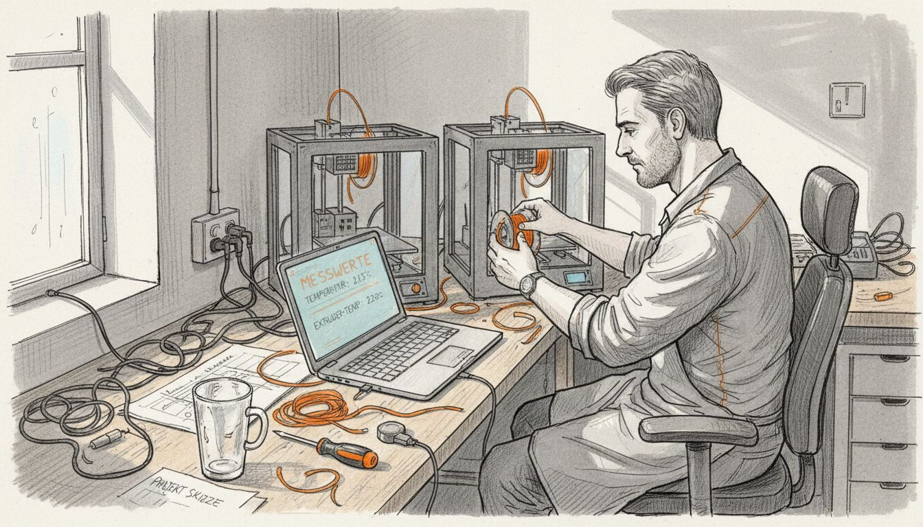 Ein Ingenieur kontrolliert die Filamentspule am 3D-Drucker.