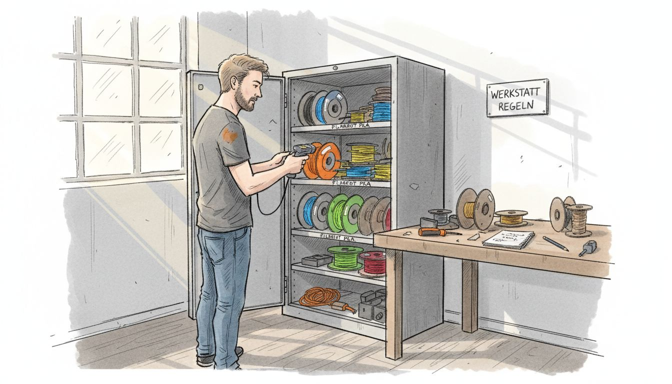 Ein Techniker sortiert und ordnet die Spulen mit 3D-Drucker-Filament.