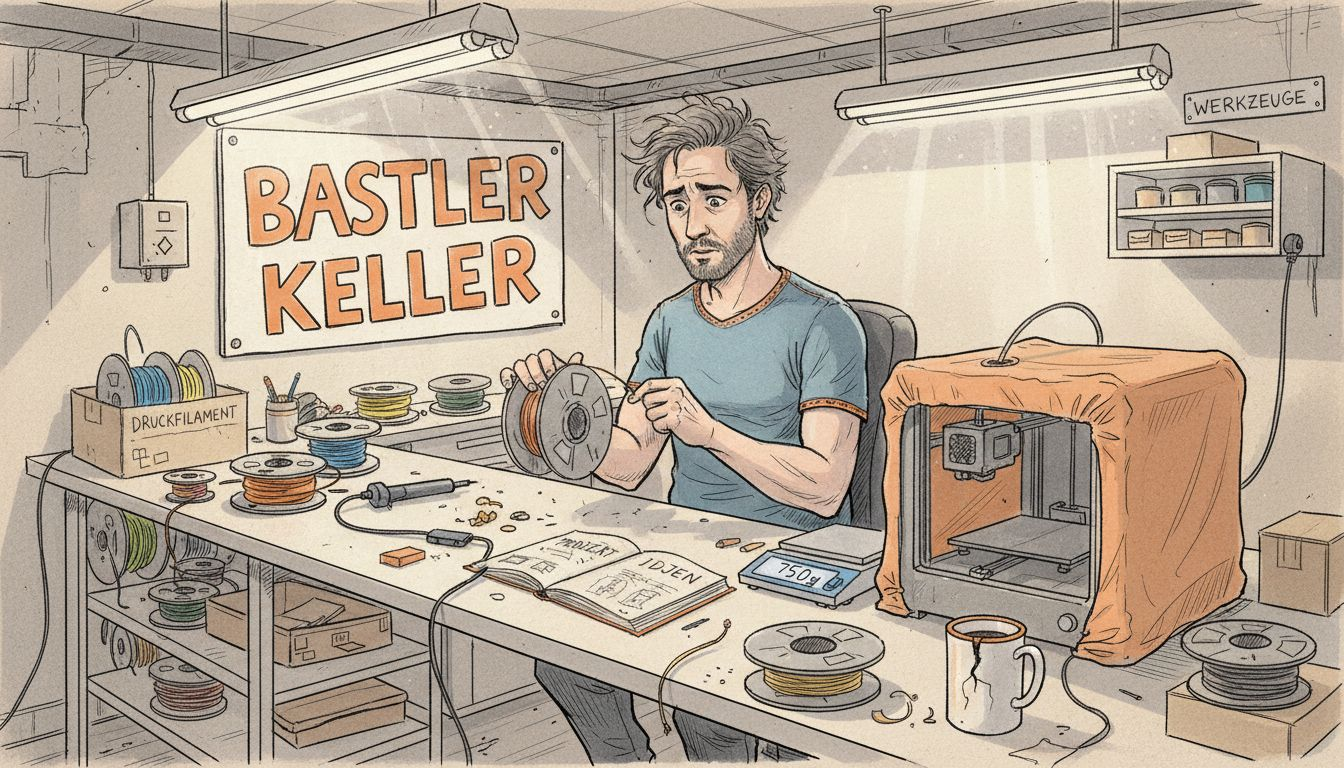 Ein Mann sortiert Filamentrollen an einer belebten 3D-Drucker-Arbeitsstation.