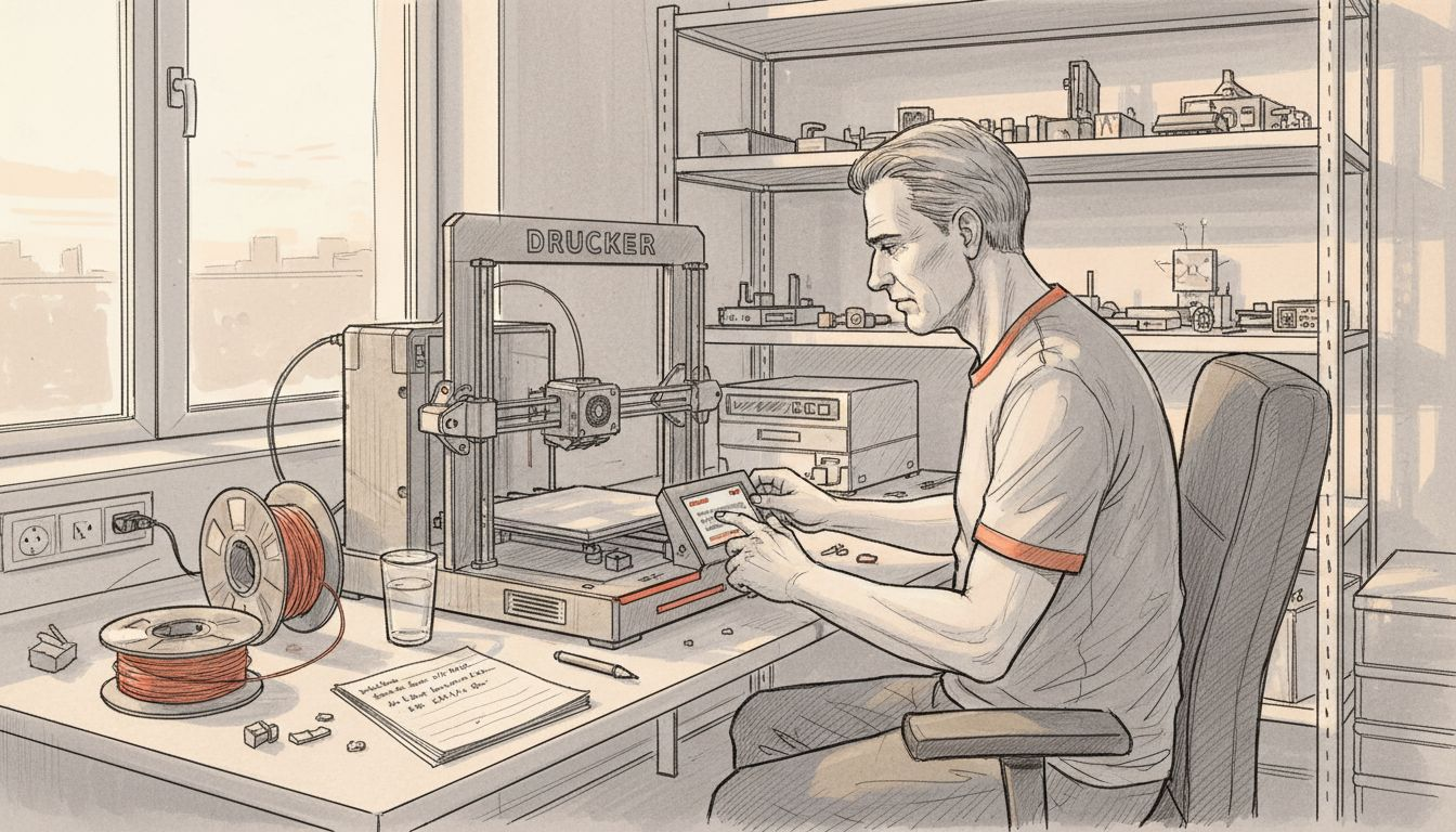 Ein Mann arbeitet an einem 3D-Drucker und legt Filamentspulen ein.