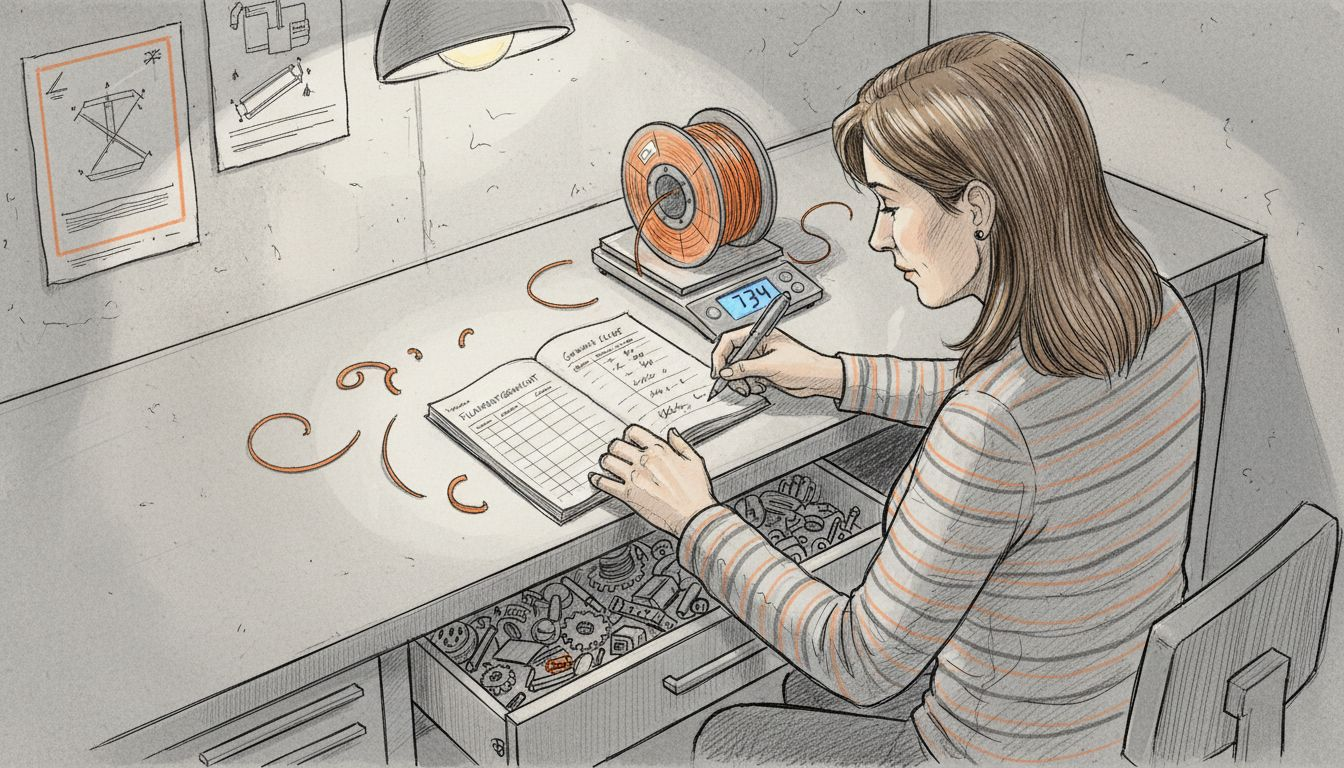 Das Gewicht des Filaments wird im Notizbuch festgehalten.