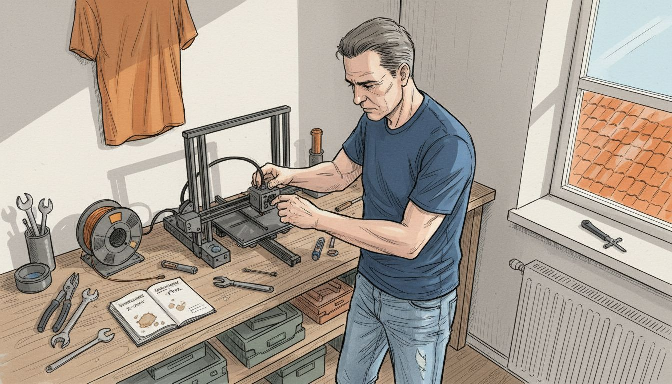 Ein Mann baut in seiner Werkstatt einen 3D-Drucker auf.