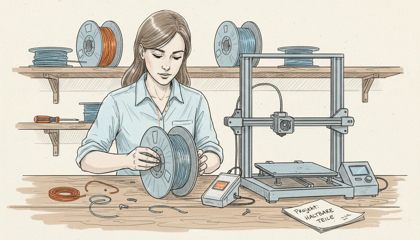 Eine Frau überprüft das Filament mithilfe eines Sensors.