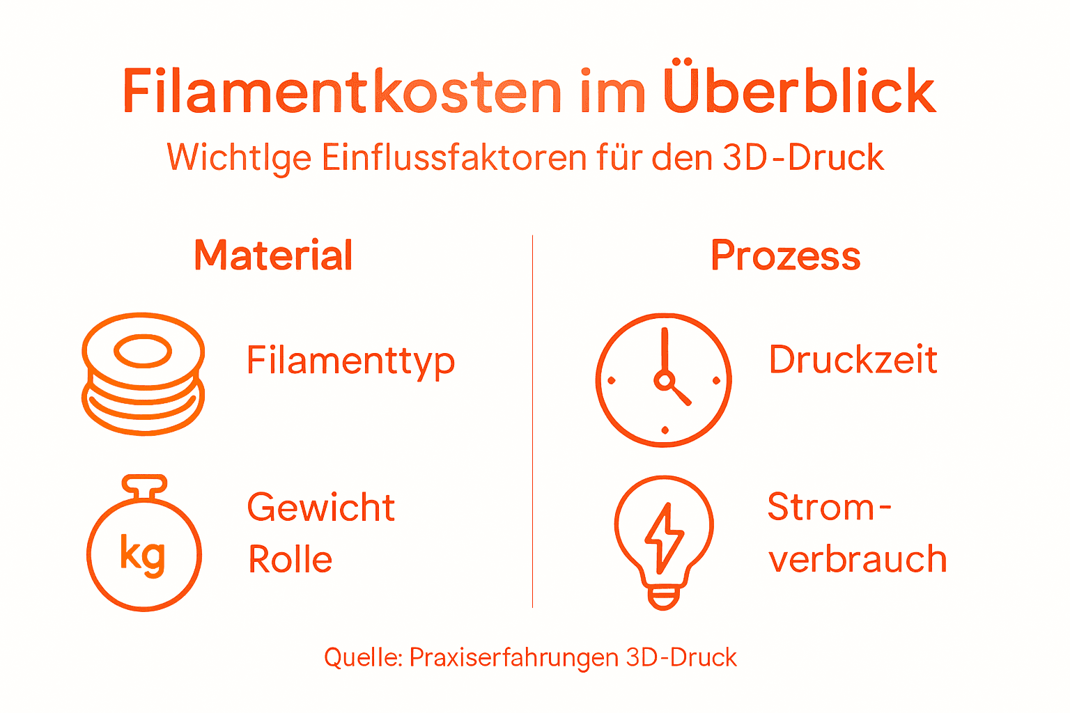 Die Infografik veranschaulicht, welche Faktoren die Kosten von Filament beim 3D-Druck beeinflussen.