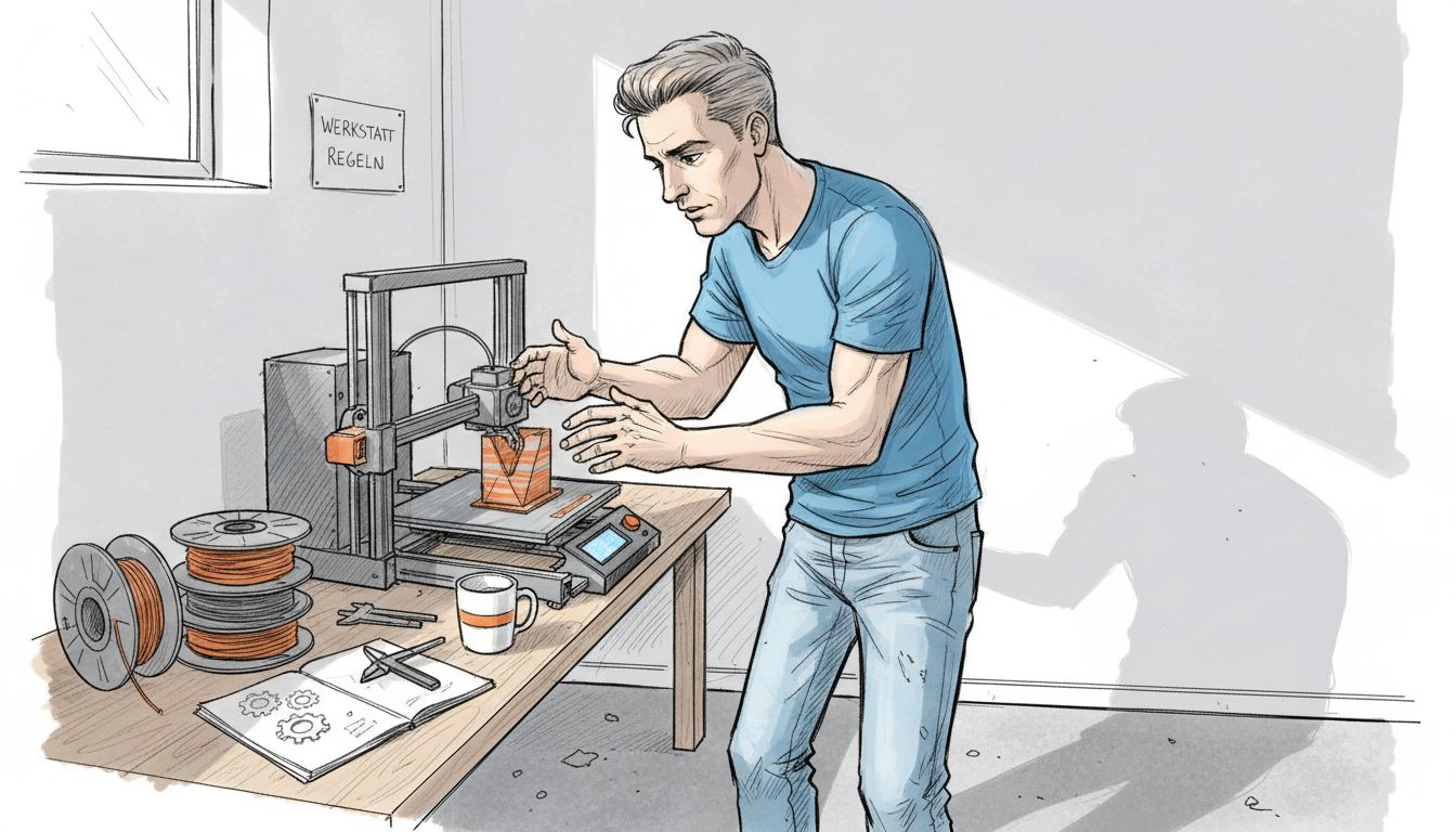 Ein Techniker überprüft den Arbeitsbereich des 3D-Druckers.