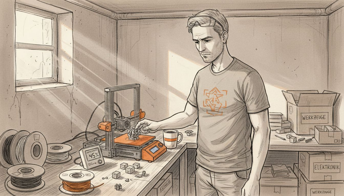 Ein Mann überprüft das Filament und seinen Arbeitsplatz am 3D-Drucker.