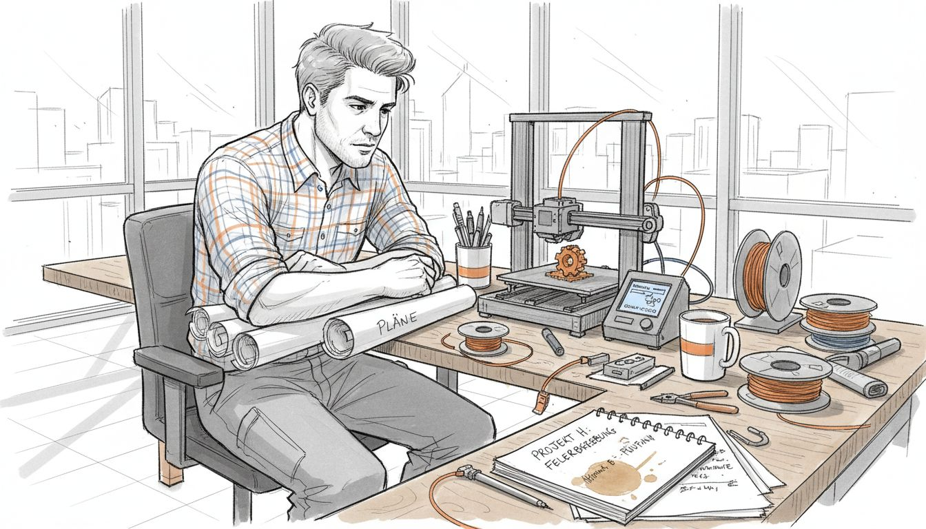 Ein Ingenieur überwacht den Betrieb eines 3D-Druckers im modernen Büro.