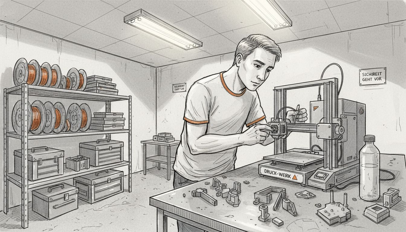 Ein Techniker nimmt in der Werkstatt Feineinstellungen an einem 3D-Drucker vor.