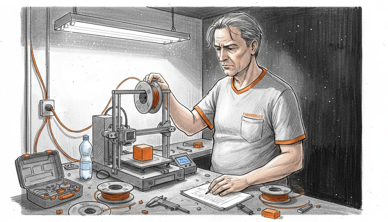 Ein Techniker richtet das Filament an einer mit Werkzeugen und Ersatzteilen vollgestellten 3D-Drucker-Arbeitsfläche neu aus.