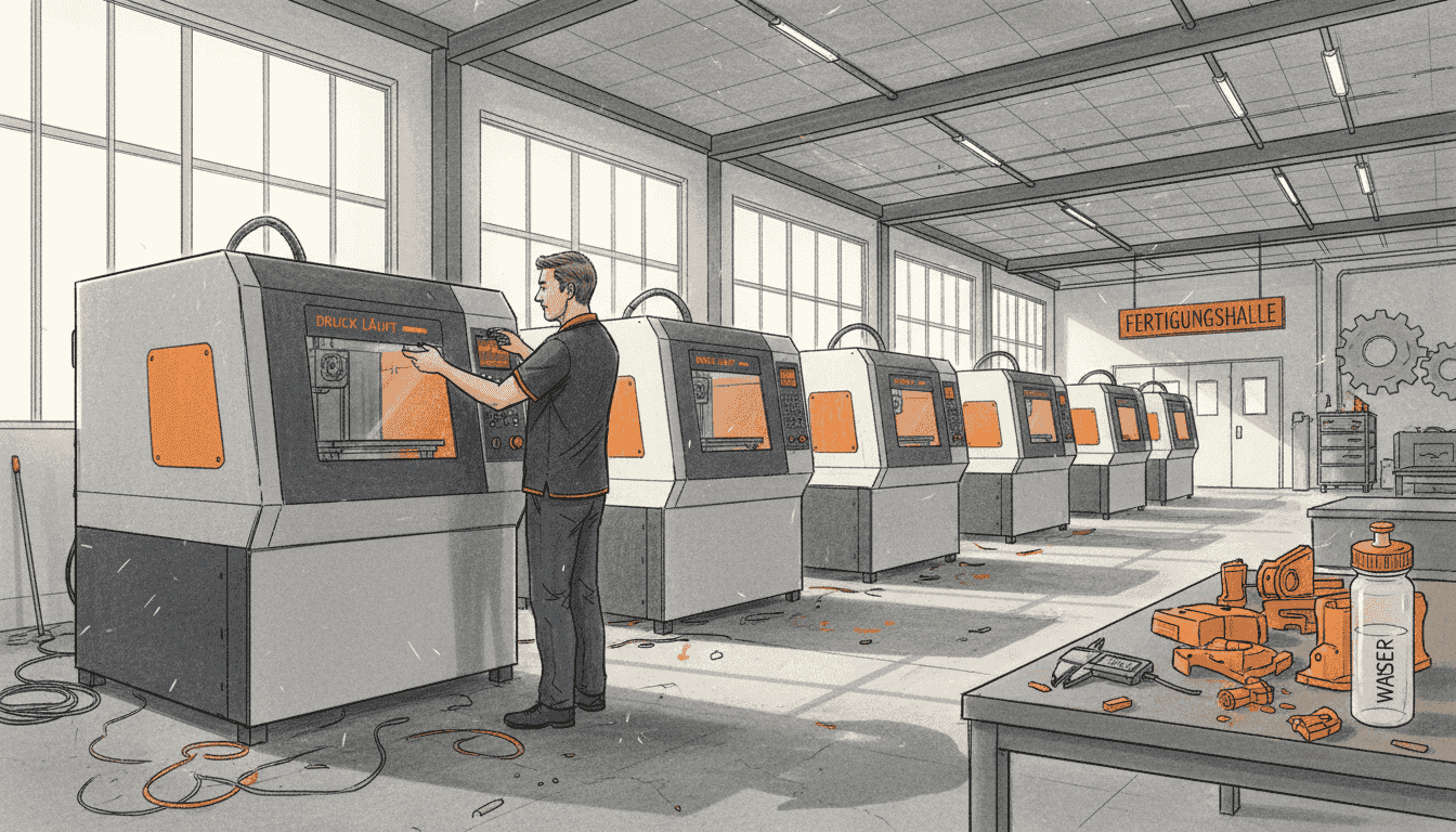 Ein Techniker überprüft die 3D-Drucker auf dem Werksgelände.