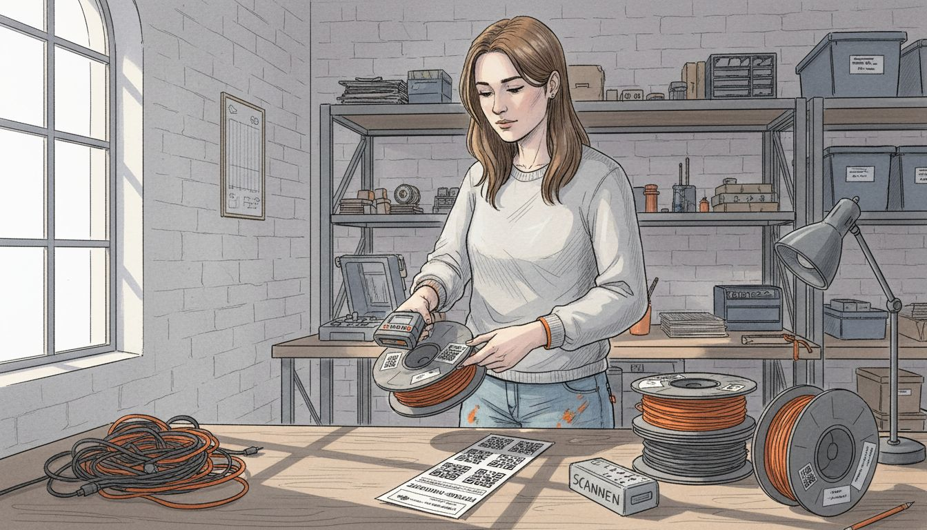 Eine Frau versieht ihre Filamentspulen mit NFC-Tags, um sie besser kennzeichnen und organisieren zu können.