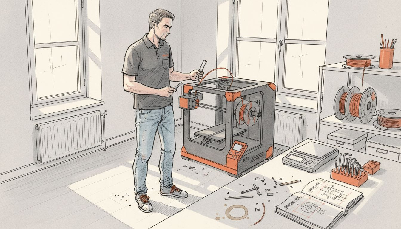 Ein Techniker überprüft die Filamentrollen im Büro in der Ecke.