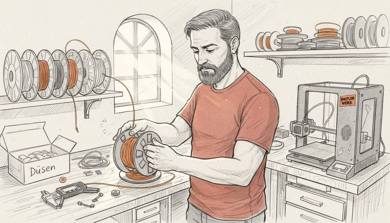Ein Mann bereitet das Filament im Raum für den 3D-Druck vor.