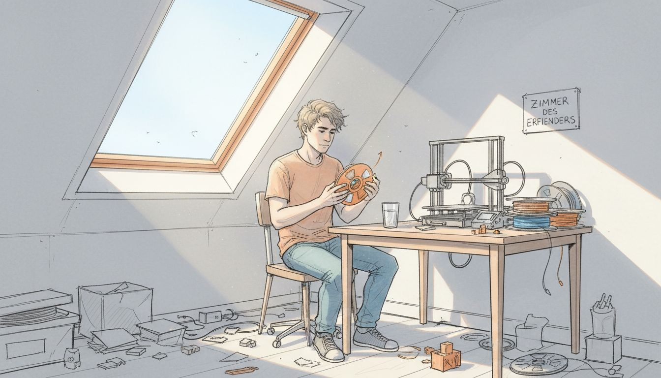 Inmitten seines vollgestellten Arbeitszimmers begutachtet ein Mann aufmerksam ein Filament.