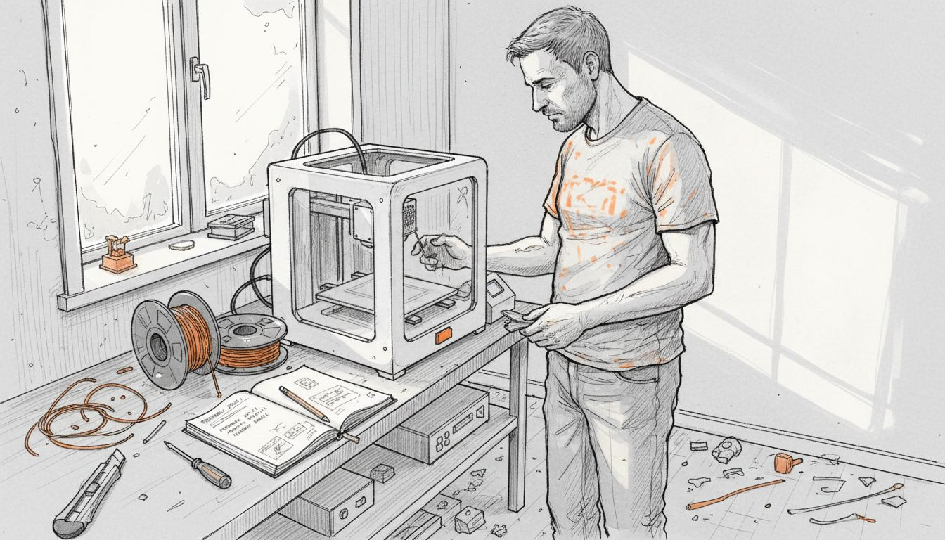In einer Werkstatt richtet ein Mann einen 3D-Drucker ein und nimmt Feinjustierungen vor.