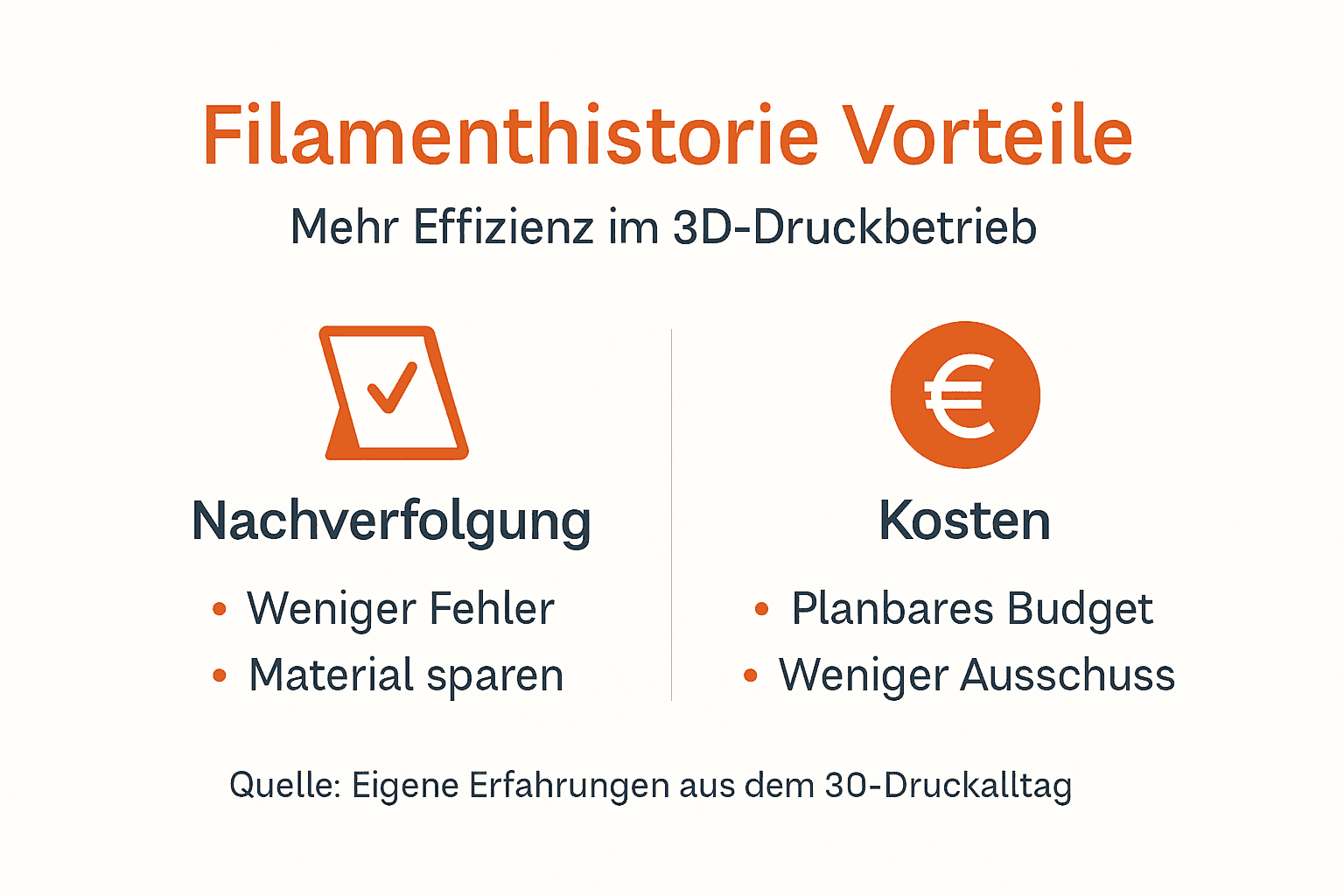 Eine anschauliche Infografik zeigt, wie die Dokumentation der Filamenthistorie den 3D-Druck optimieren kann und welche konkreten Vorteile sich daraus ergeben.