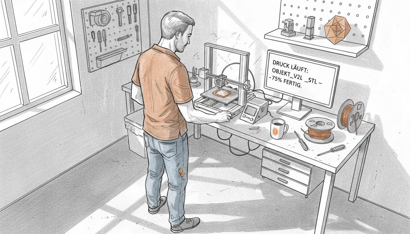 Ein Tüftler arbeitet in seiner lichtdurchfluteten Werkstatt an einem 3D-Drucker.