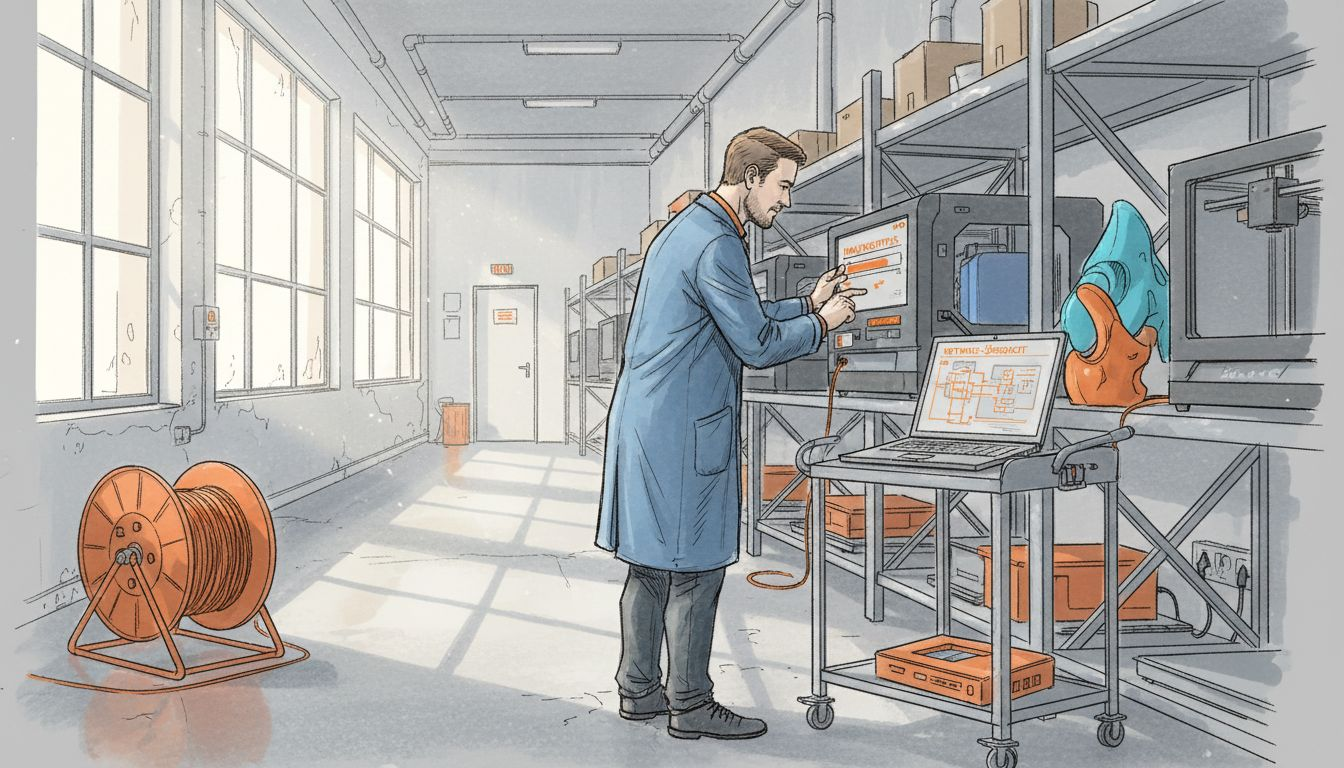 Ein Techniker überwacht und steuert einen Verbund von vernetzten 3D-Druckern.