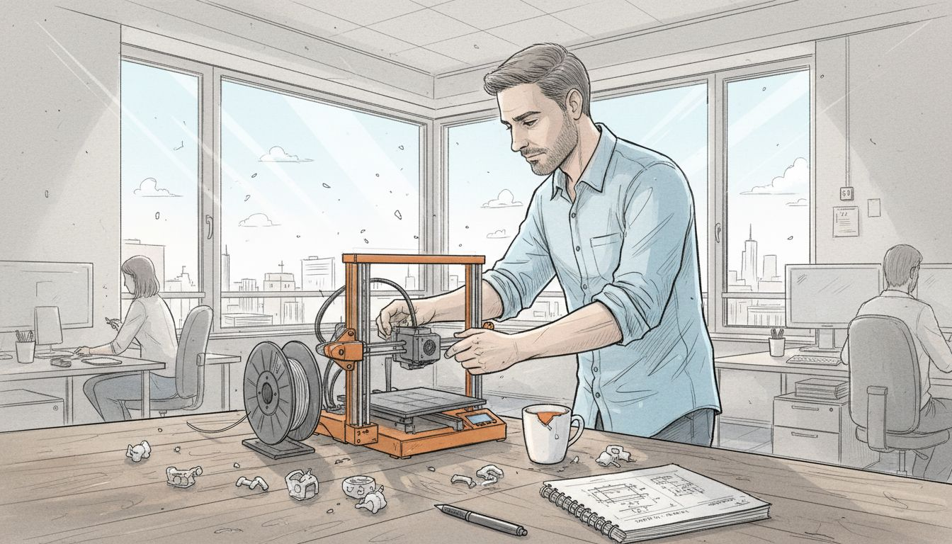 Ein Ingenieur nimmt in einem sonnendurchfluteten Büro letzte Einstellungen an einem 3D-Drucker vor.