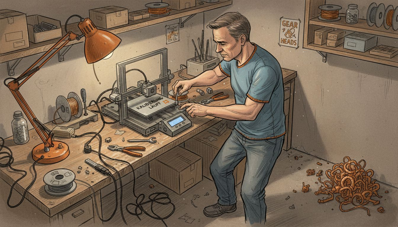 Ein Mann richtet in seiner Werkstatt einen FDM-3D-Drucker ein und nimmt die Feineinstellungen vor.