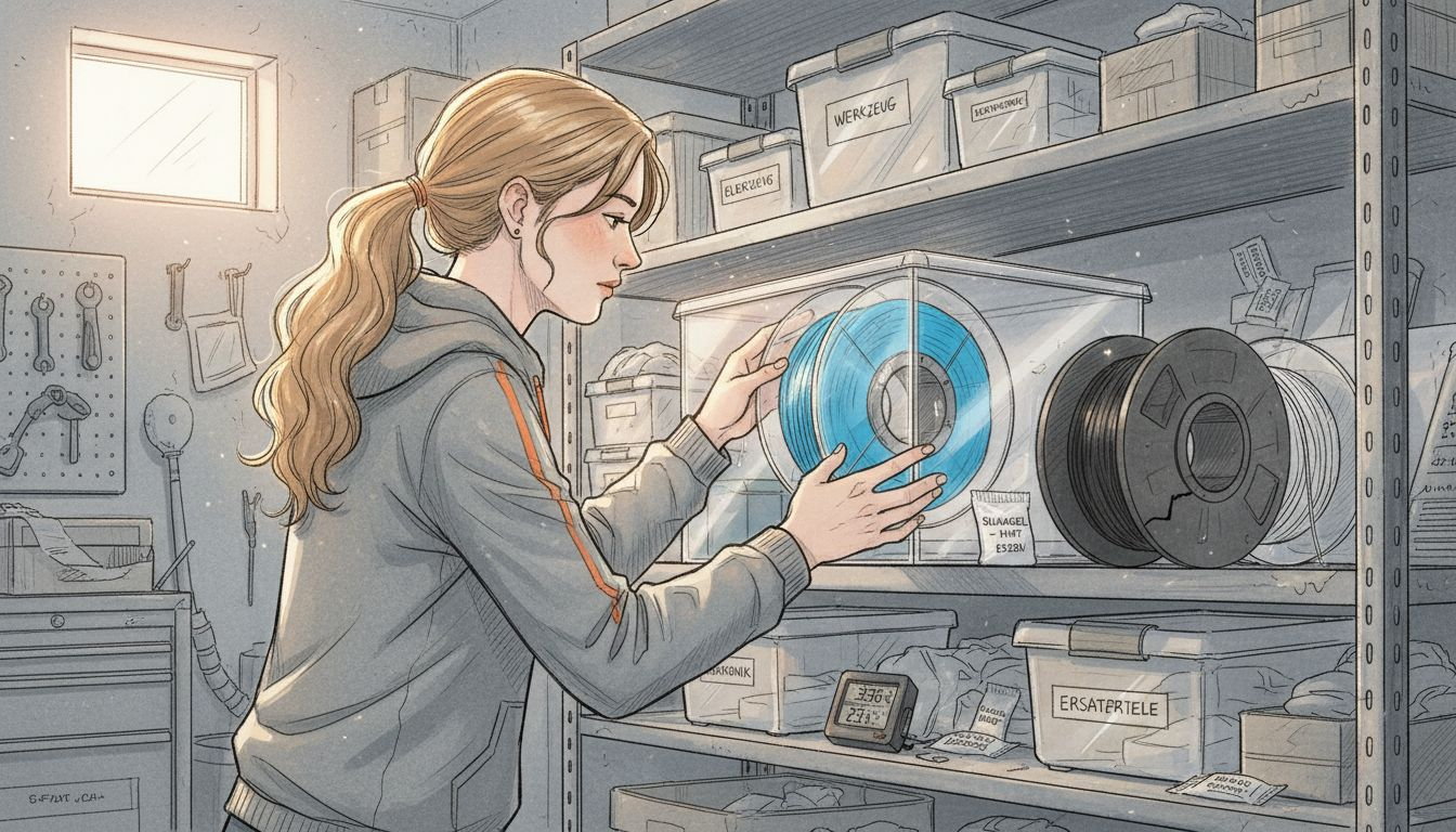 Eine Frau verstaut Filament sorgfältig in einer luftdichten Box, um es vor Feuchtigkeit zu schützen.