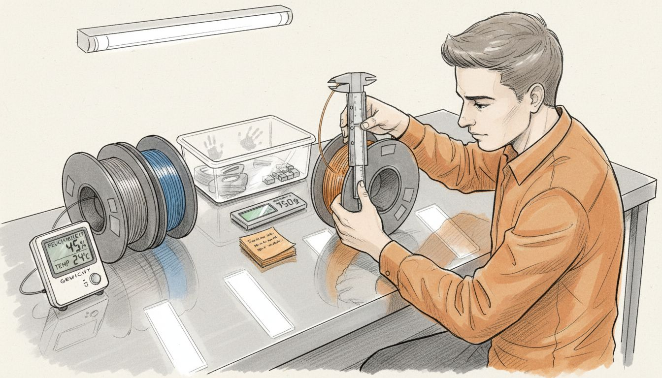 Ein Techniker prüft die Qualität des Filaments mit präzisen Messinstrumenten.