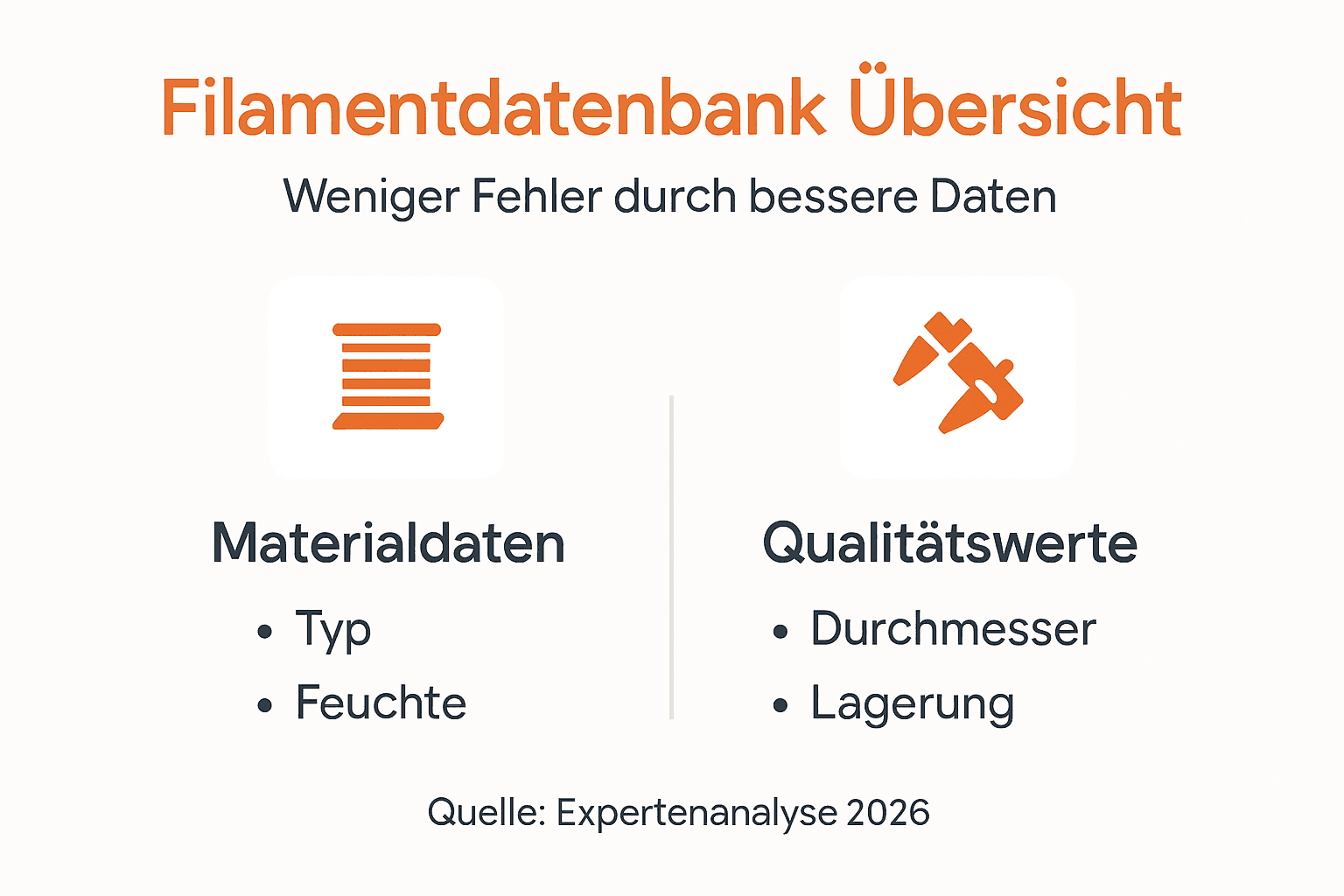 Die Infografik bietet einen Überblick über wichtige Parameter und Qualitätsmerkmale der Filamentdatenbank.