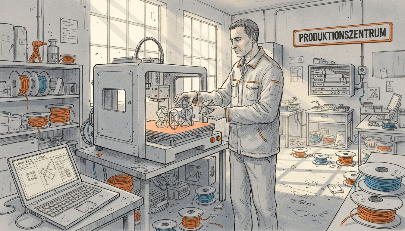 Im Produktionslabor prüft ein Techniker die gefertigten 3D-Drucke auf Qualität und Genauigkeit.