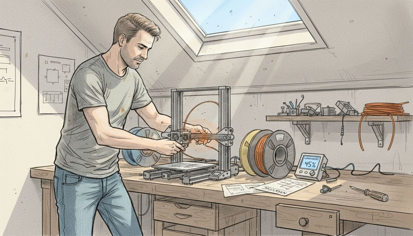 Ein Mann legt neues Filament in seinen 3D-Drucker ein.