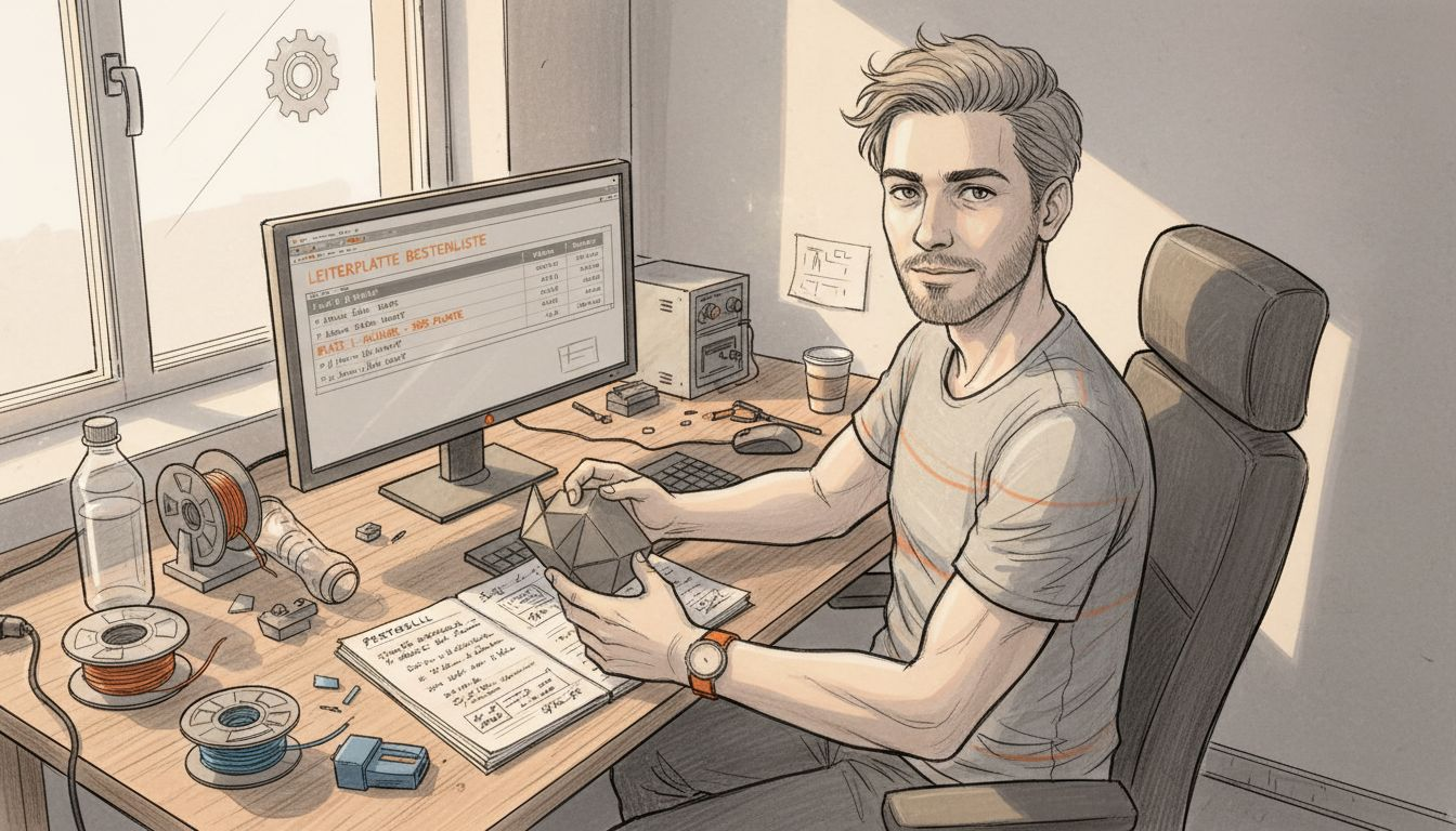 Ein Ingenieur begutachtet den Schreibtisch mit der Bestenliste der 3D-Drucke.
