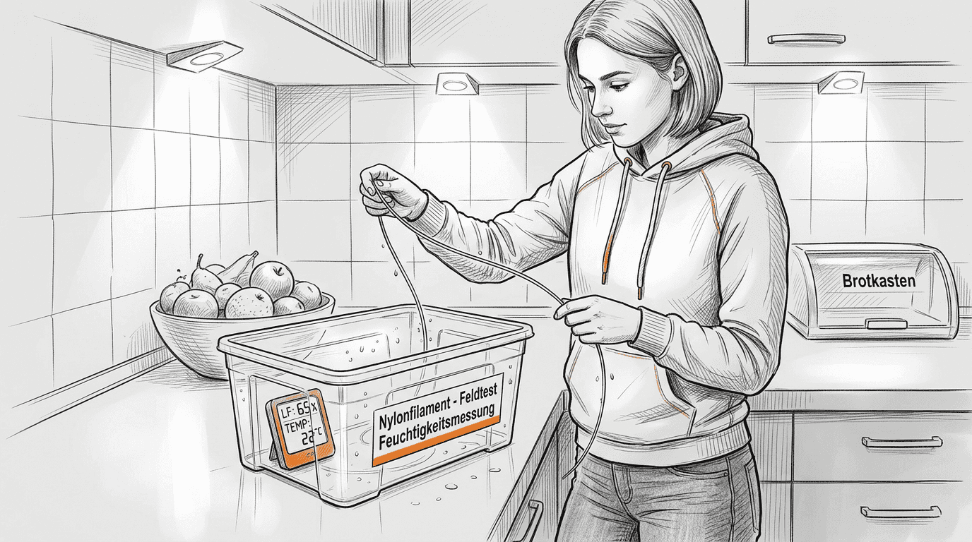 Eine Frau prüft am Küchentresen, ob das Filament noch trocken ist.