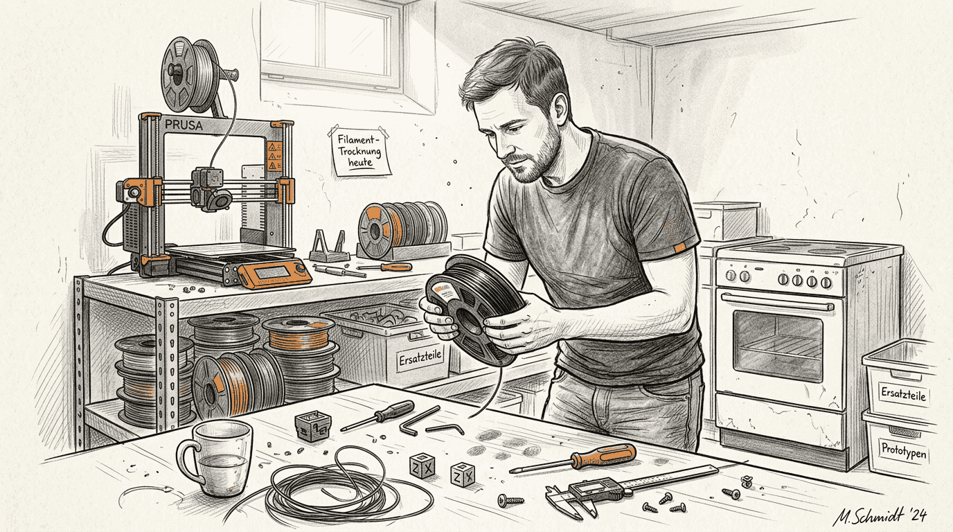 Ein Techniker überprüft das Filament im Arbeitsraum im Keller.