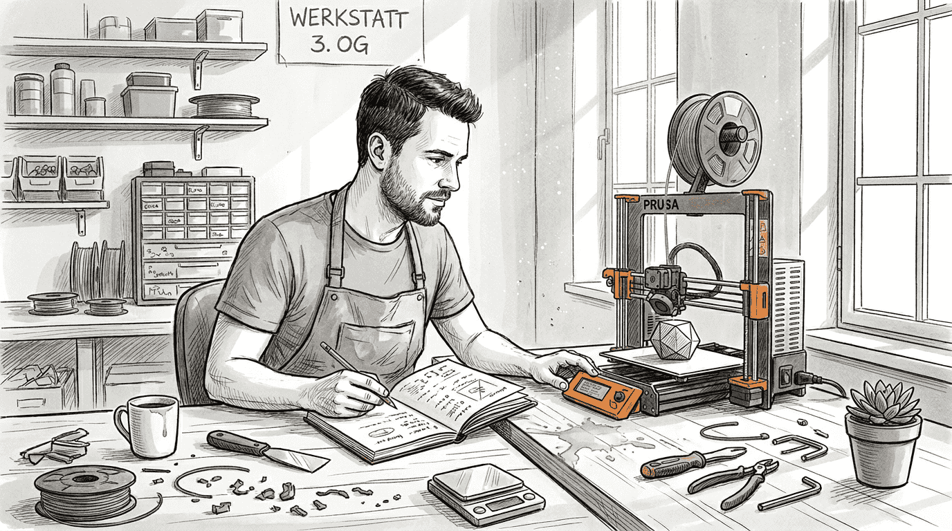Ein Mitarbeiter überprüft den Materialverbrauch des 3D-Druckers im Arbeitsbereich.