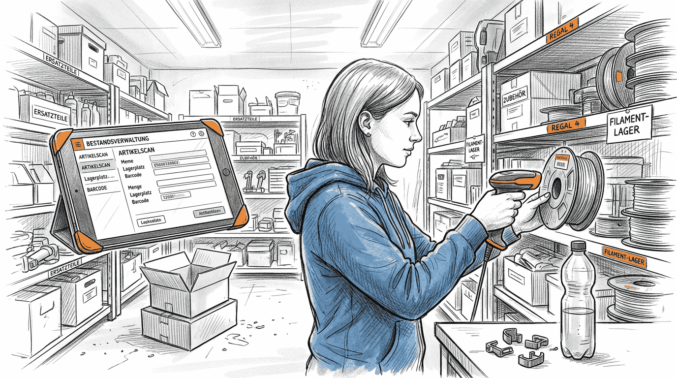 Eine Mitarbeiterin erfasst⁠ eine Filamentspule per Scan, um den Lagerbestand zu aktualisieren.