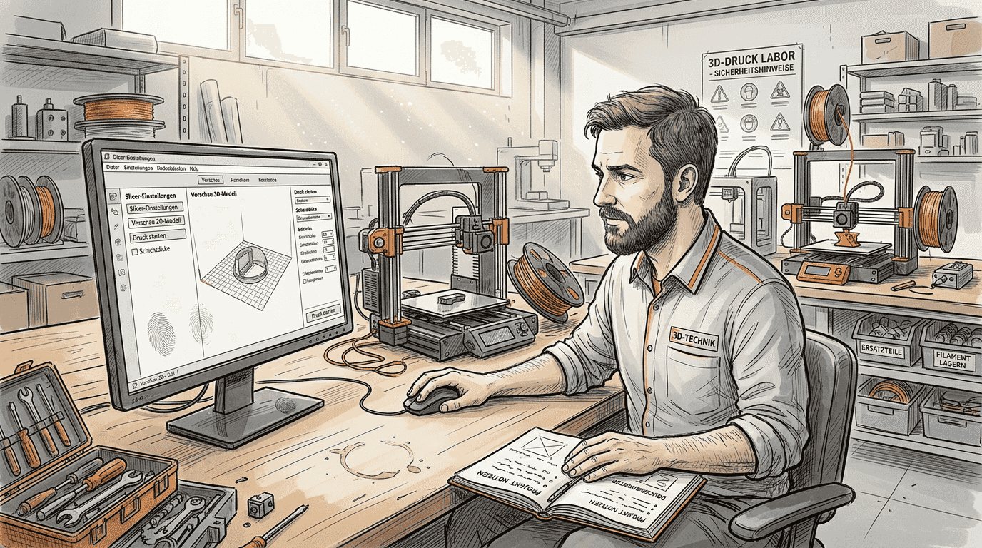 Ein Techniker arbeitet mit 3D-Druckern und speziellen Werkzeugen an seinem Arbeitsplatz.
