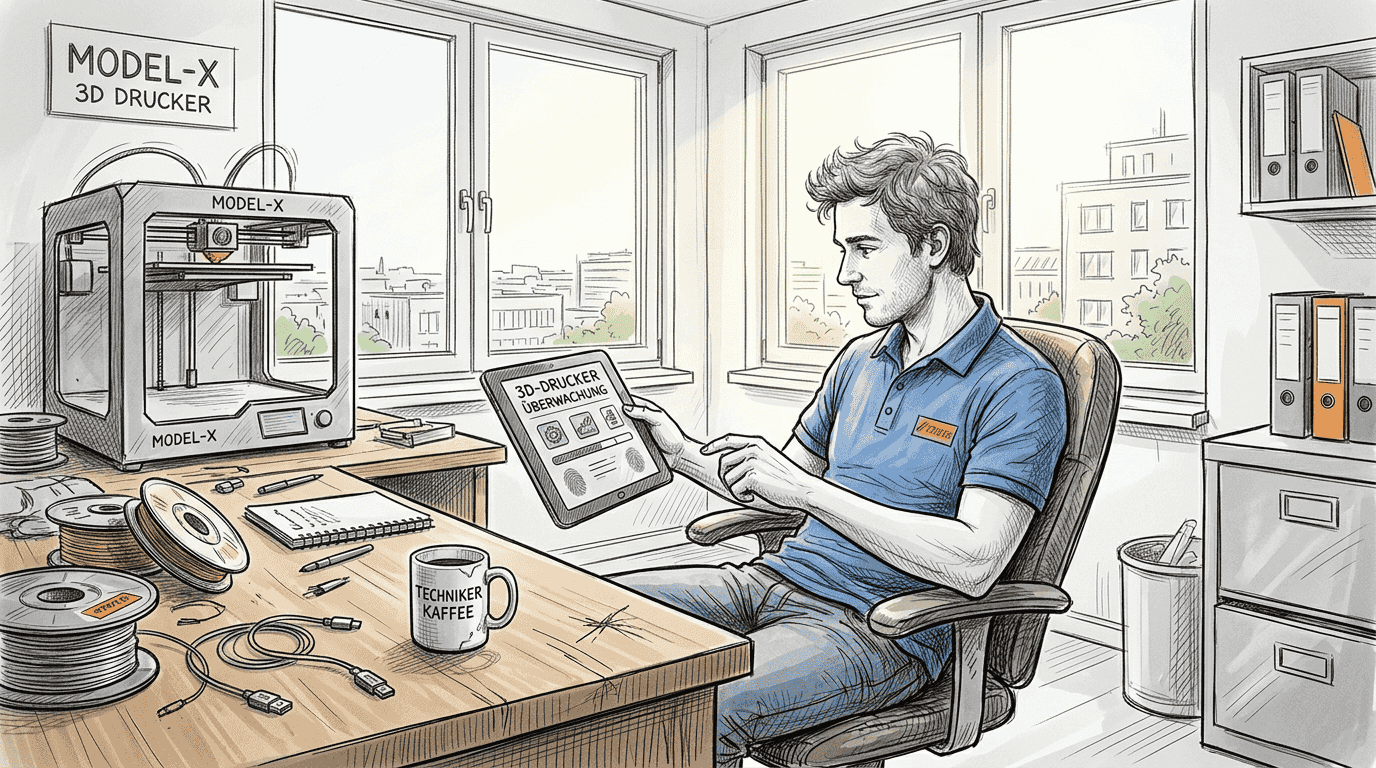 Ein Techniker steuert den 3D-Drucker bequem per Tablet.