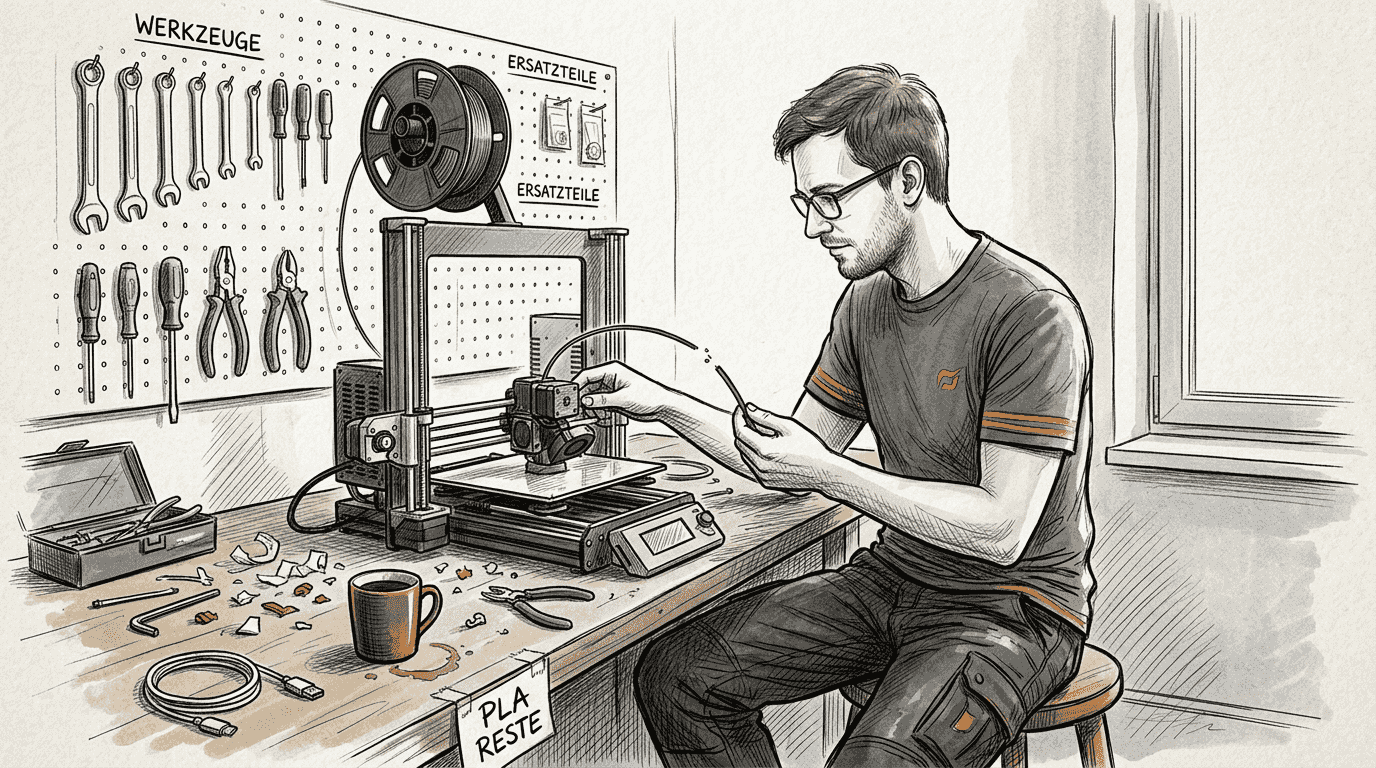 Ein Mann testet die Filamentüberwachung an seinem 3D-Drucker.