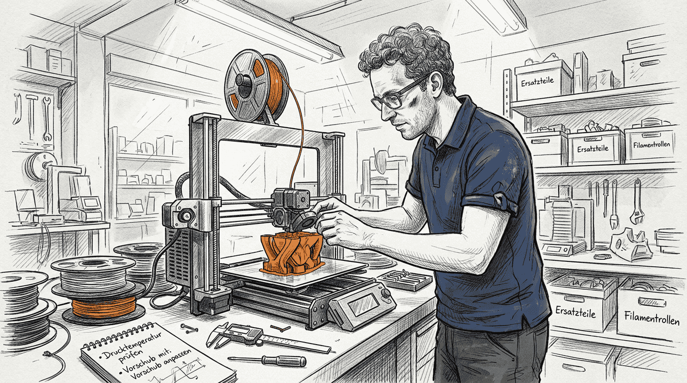 Ein Techniker überprüft den 3D-Druck sorgfältig auf mögliche Fehler.