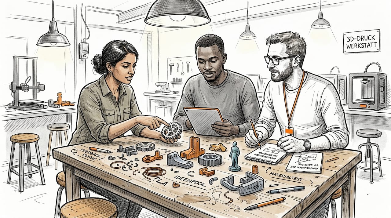 Teilnehmende tauschen sich am Workshop-Tisch über ihre Erfahrungen mit dem 3D-Drucker aus.