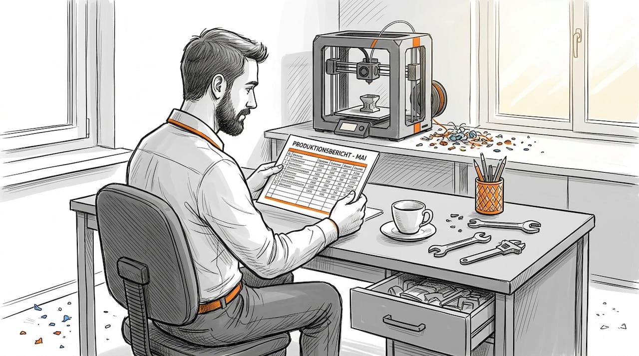 Am Schreibtisch werden die Kosten für den 3D-Druck genau berechnet.