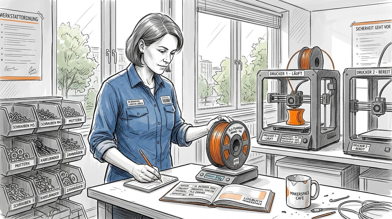 Ein Techniker wiegt das Filament, um die Materialkosten genau zu berechnen.