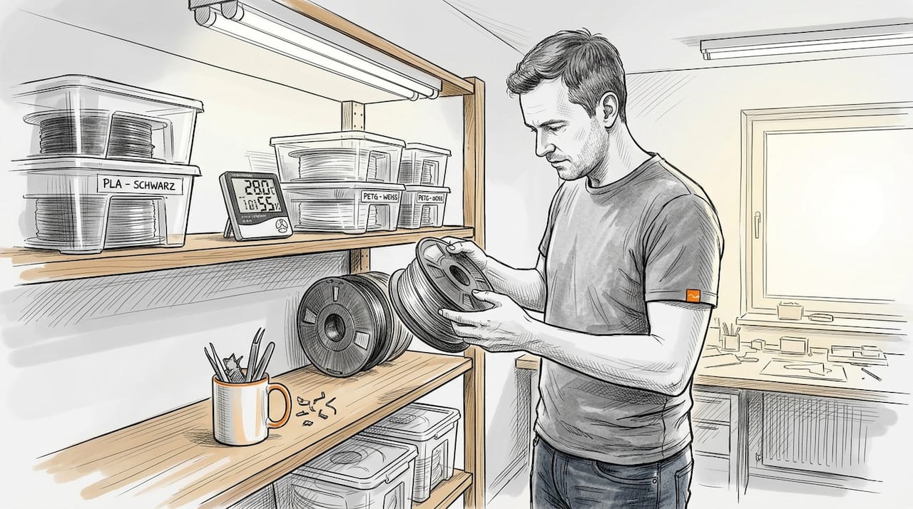 Ein Mann überprüft das Filament an seinem heimischen Arbeitsplatz.
