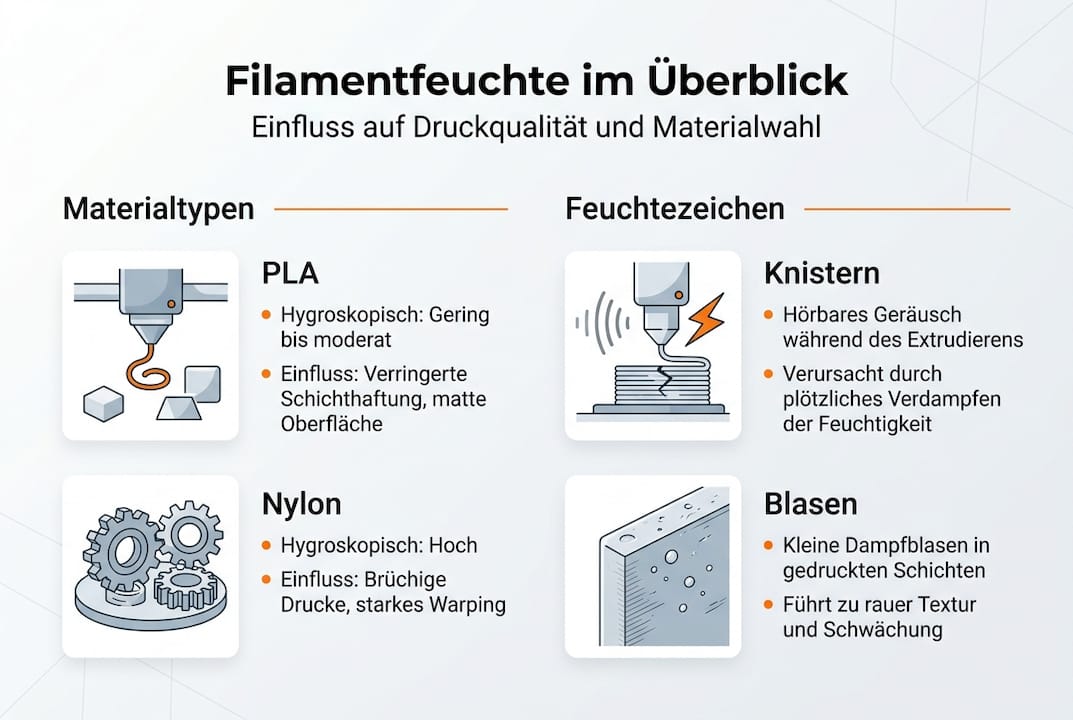 Übersichtliche Grafik: Das Wichtigste zur Feuchtigkeit von Filamenten auf einen Blick