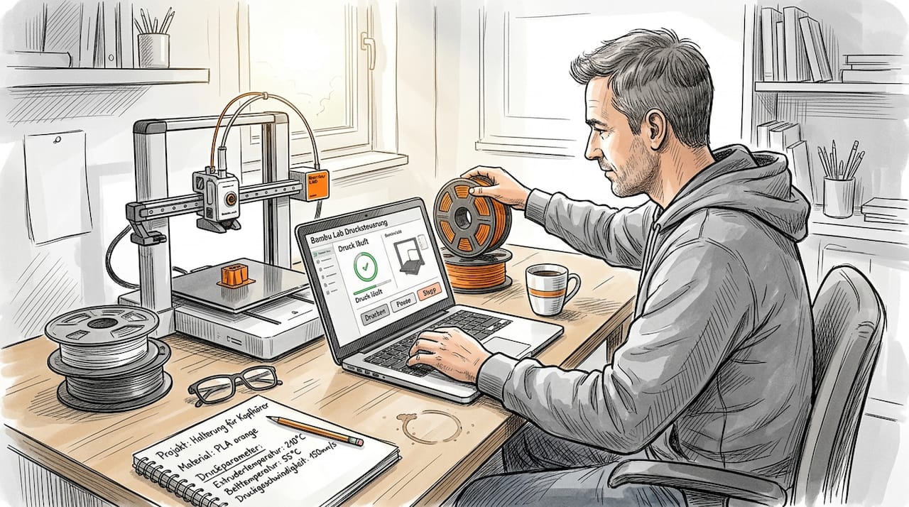 Ein Mann bedient seinen 3D-Drucker am heimischen Schreibtisch.